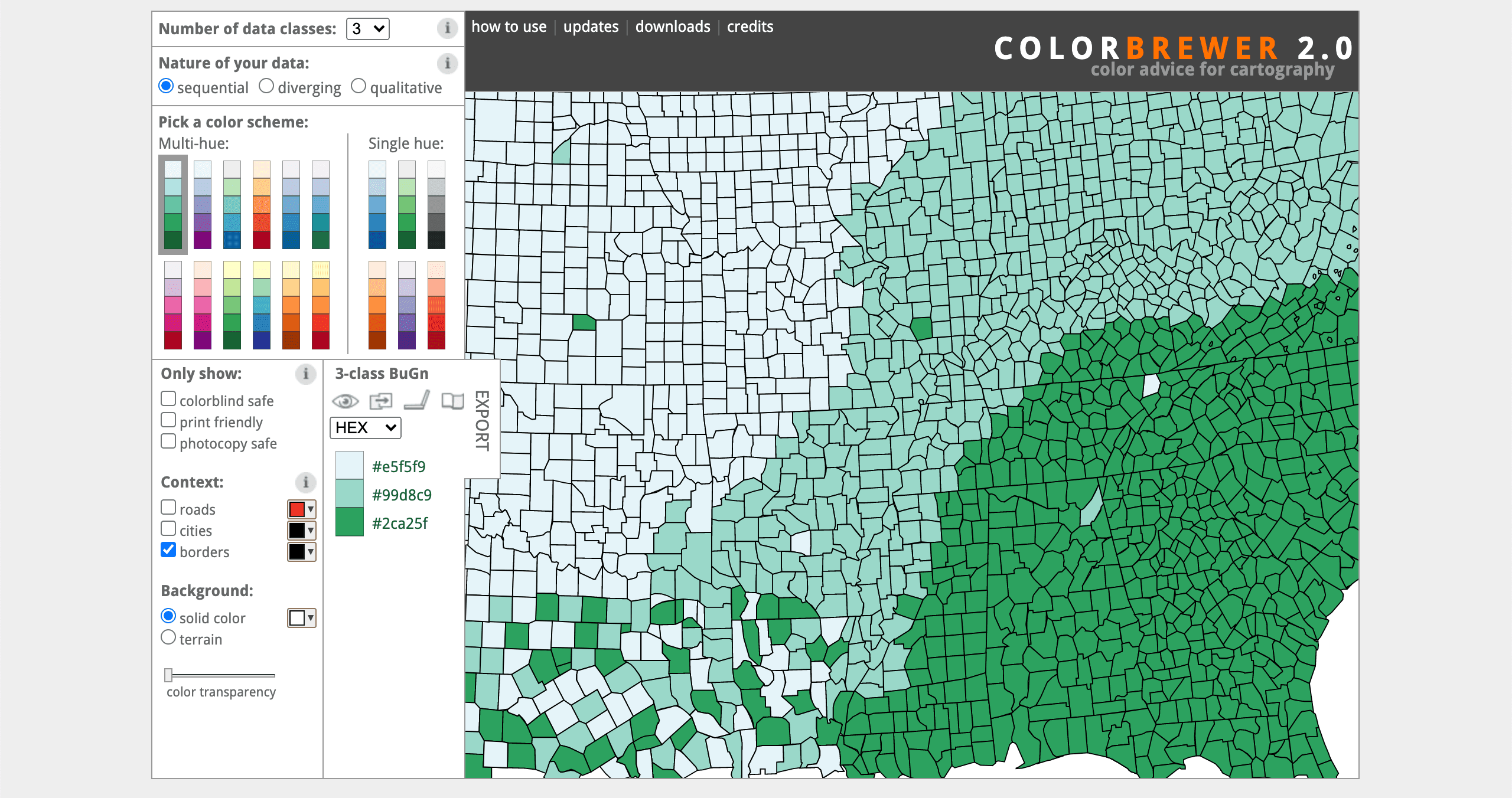 A screenshot of Color Brewer 2.0